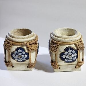Vintage Handpainted floral bamboo candle holder set Hawaiian blue white flowers
